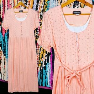 Vintage Cottagecore Frilly Eyelet Lace Short Sleeve Prairie Maxi Dress Pink 12